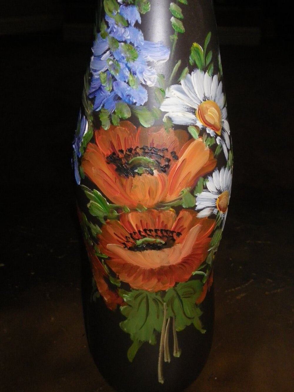 Vintage Hand Painted Floral Bouquet Wine Bottle Rustic Home Décor Tall Vase - Picture 2 of 4